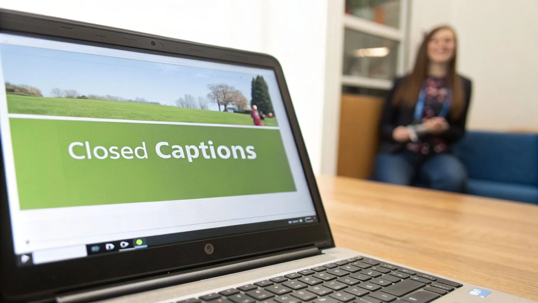 A laptop displaying "Closed Captions" text on its screen, with a blurred person in the background.