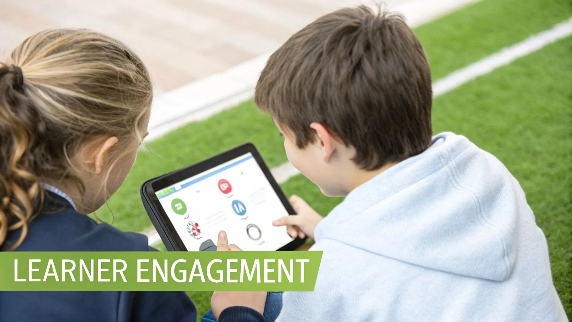 Two children collaboratively engage with a tablet outdoors on a grassy field, fostering digital learning.