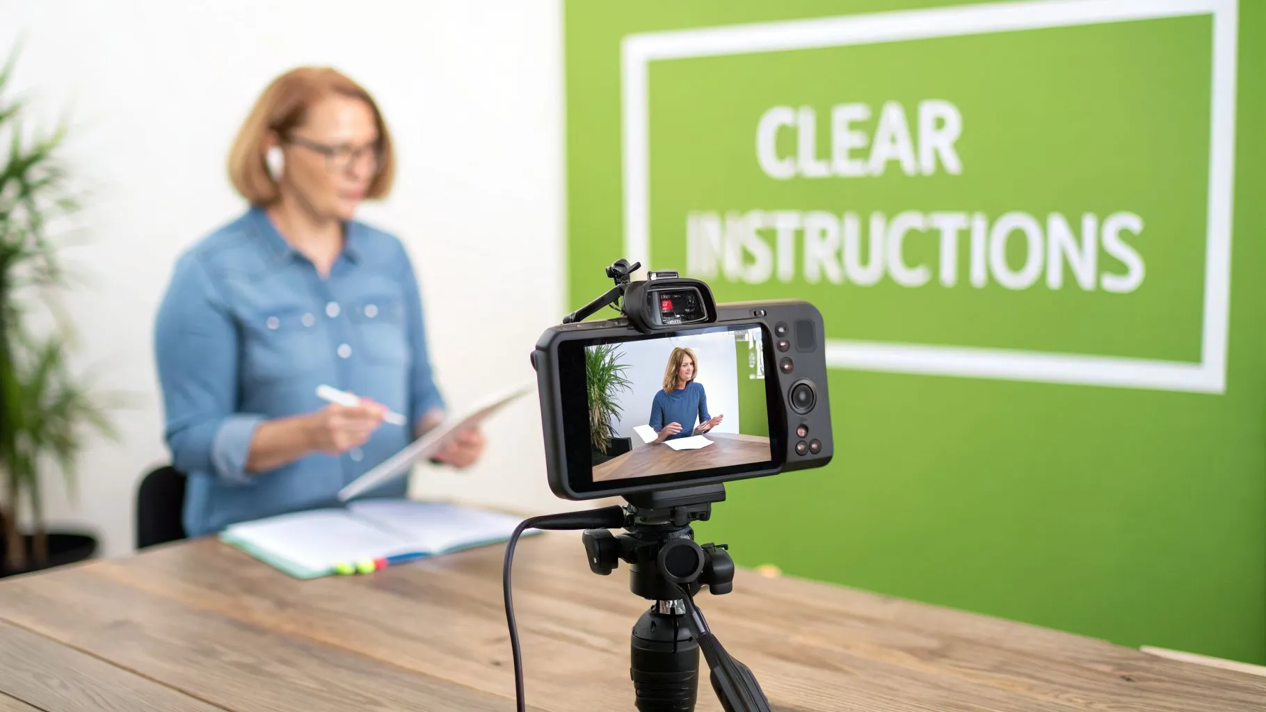 A blurred woman recording an instructional video, shown clearly on a camera screen, with a 'CLEAR INSTRUCTIONS' sign behind her.