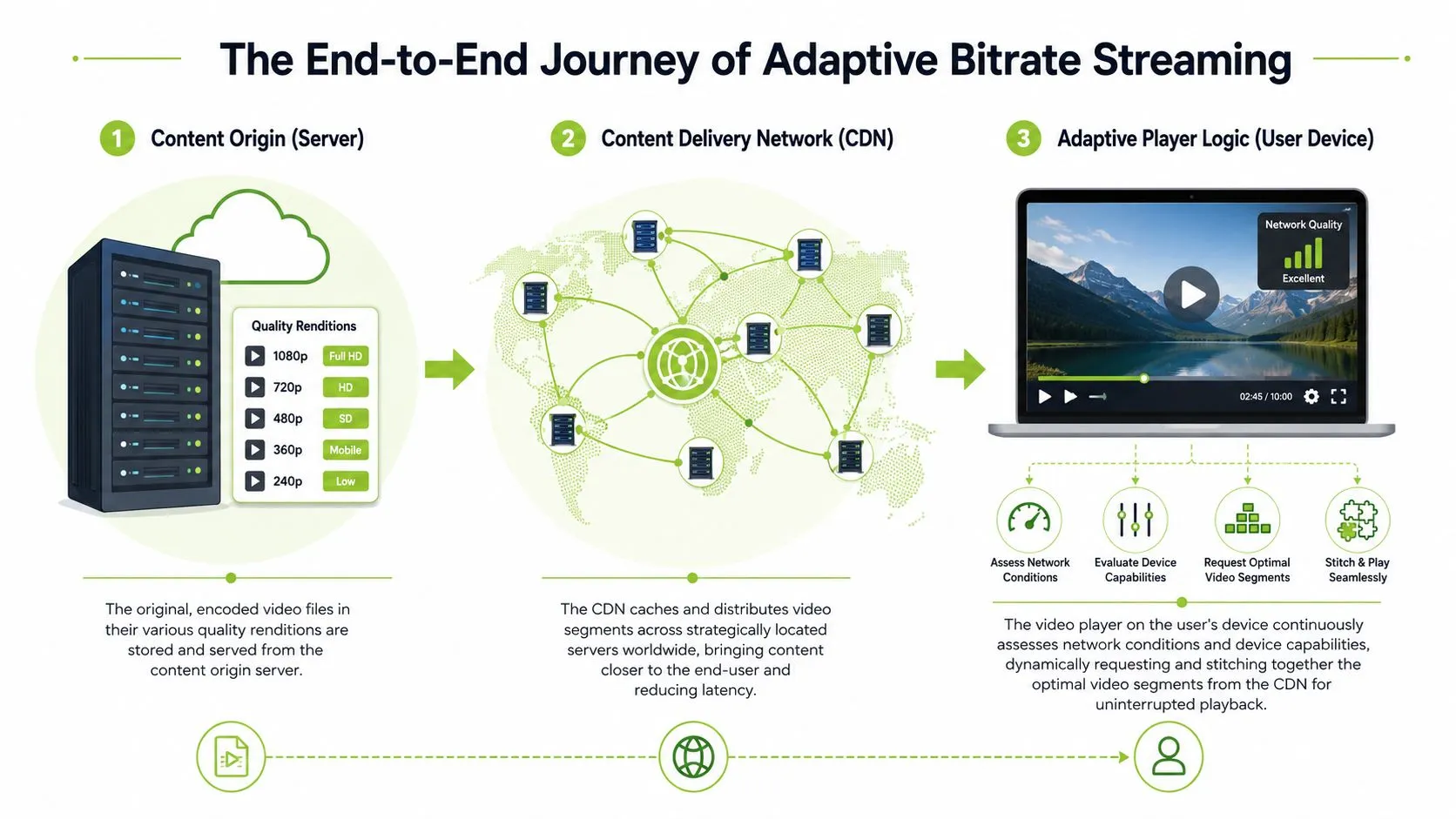 A diagram illustrating the three-step end-to-end journey of adaptive bitrate streaming, from origin server to device.