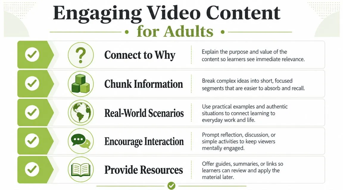 An infographic titled Engaging Video Content for Adults highlighting five key educational strategies for effective video learning.