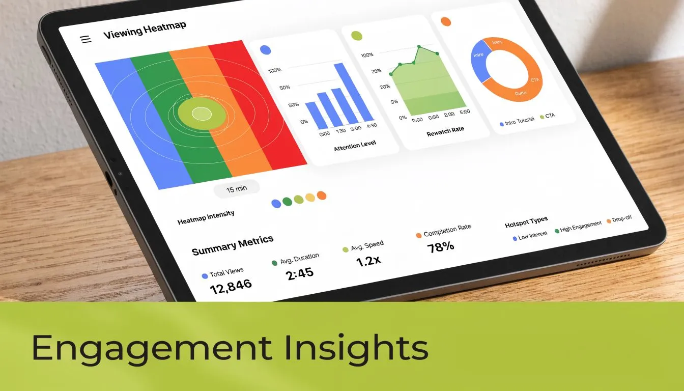 A digital tablet displaying an engagement dashboard with various charts and metrics on a wooden desk.