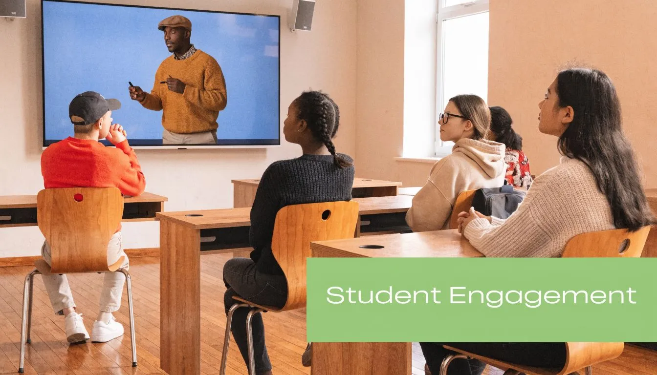 A classroom with students watching a teacher on a large screen during a video conferencing lecture.