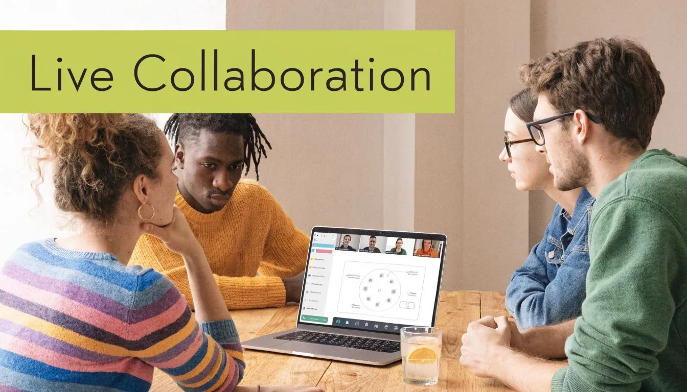 A diverse group of colleagues sitting together at a wooden table collaborating during a video conference