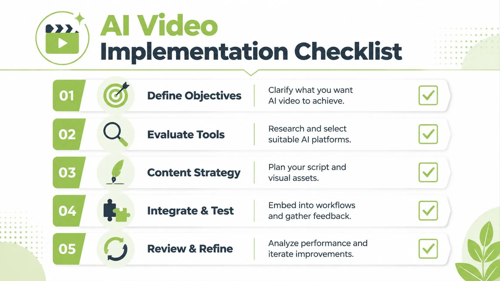 A five-step AI video implementation checklist for planning, creating, and refining AI-generated video content strategy.