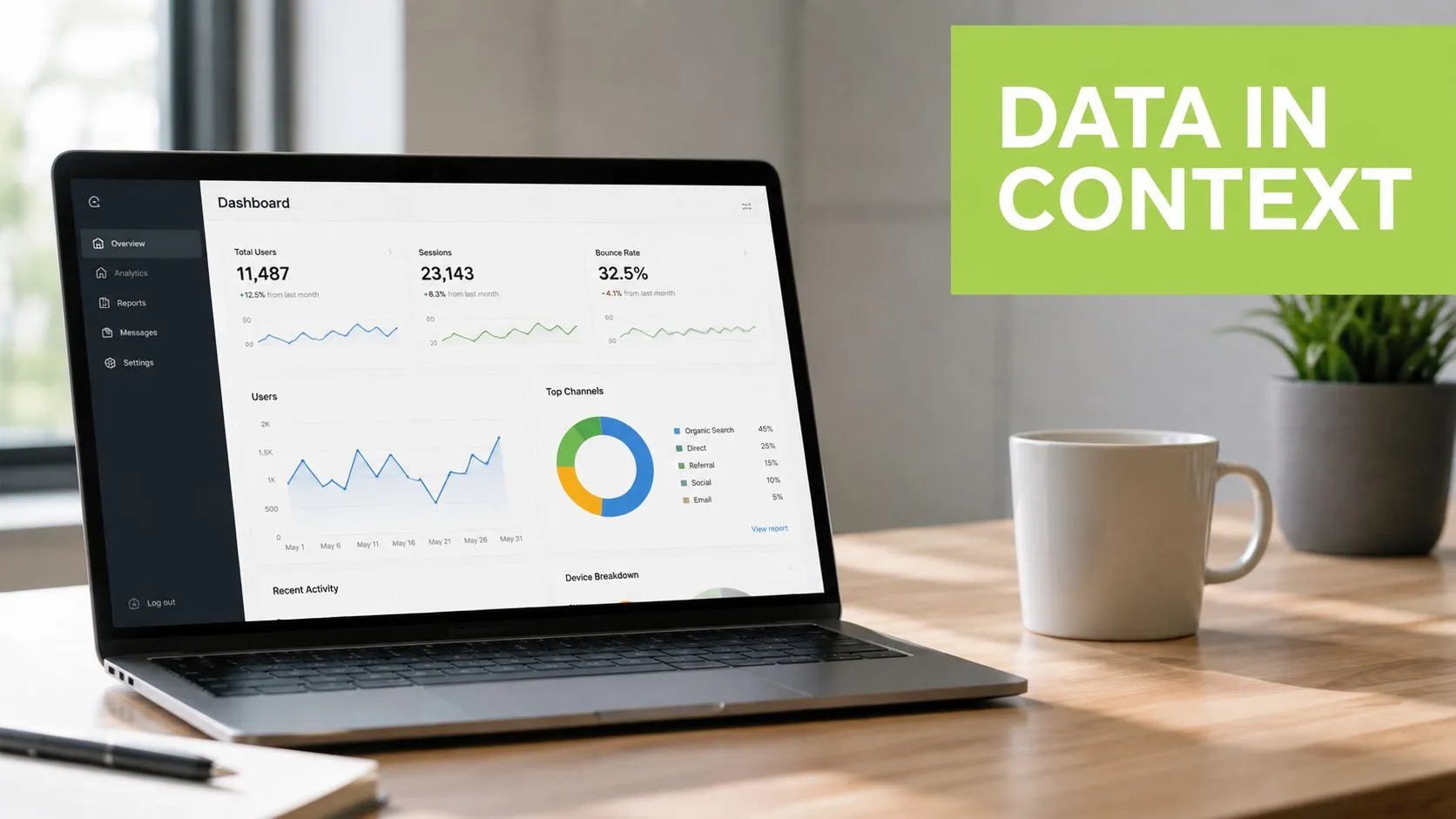 A modern laptop displaying an analytics dashboard on a wooden desk with a coffee mug nearby.