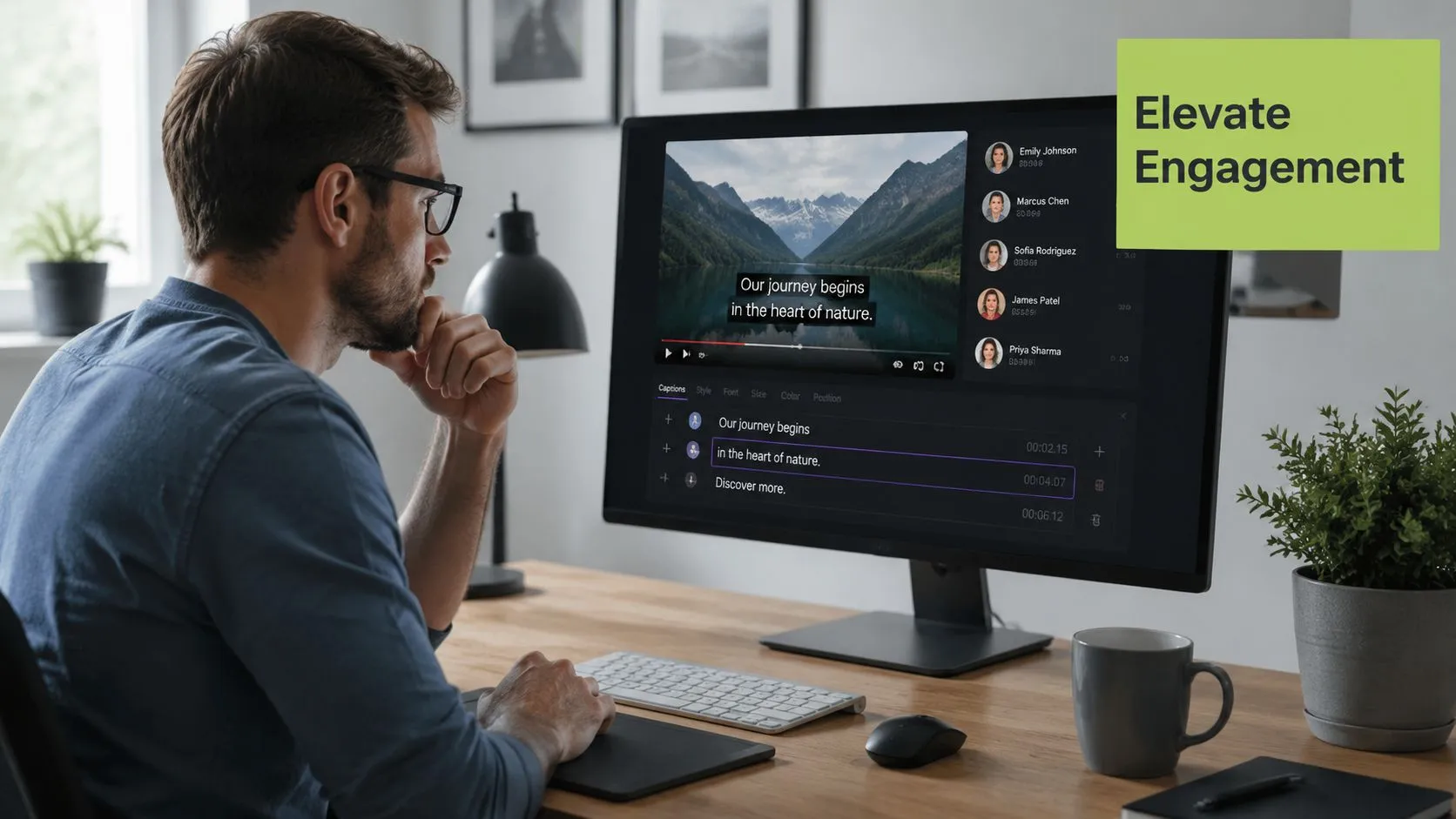 A professional man editing captions for animated explainer videos on his computer in a modern workspace.