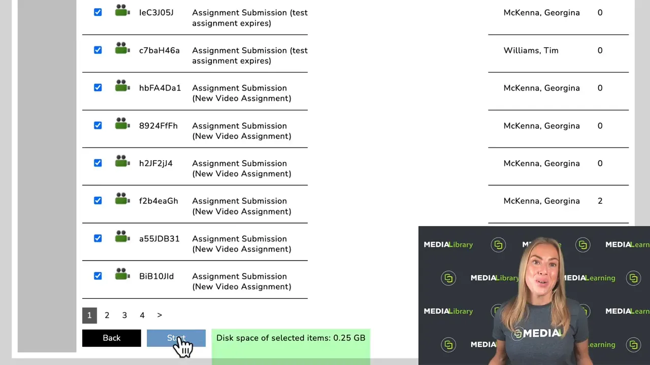 MEDIAL media selection list with checked recordings, a Start button and selected disk-space total