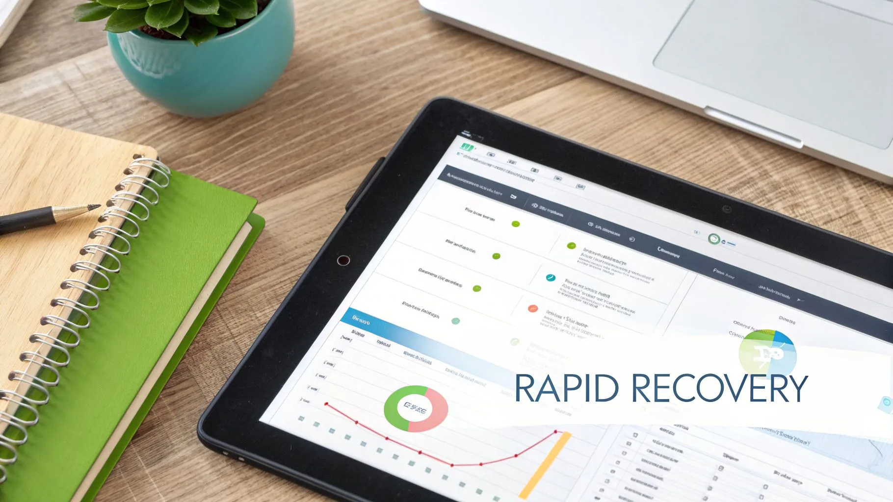 Desk setup with a tablet showing a 'RAPID RECOVERY' dashboard, notebook, pen, and plant.