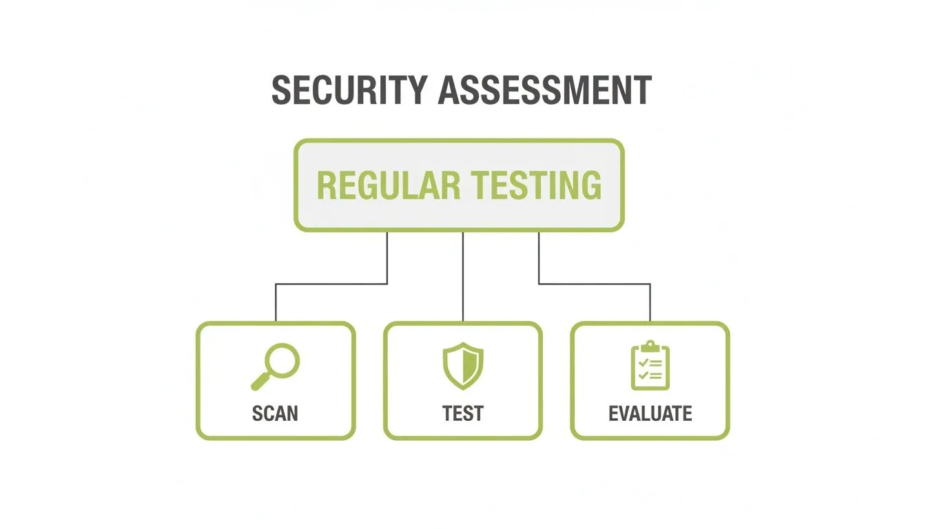 Flowchart illustrating a security assessment process with regular testing, including steps for scanning, testing, and evaluating.