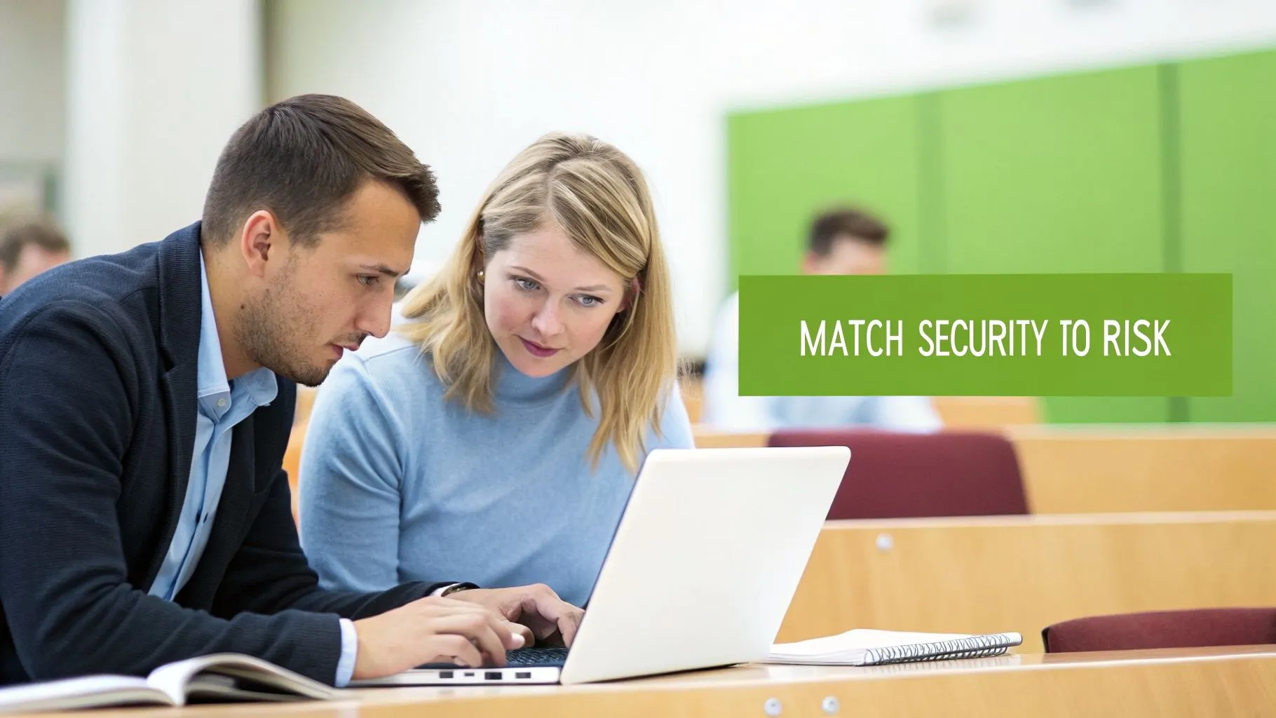 Two students collaborating on a laptop in a classroom, with text 'MATCH SECURITY TO RISK'.