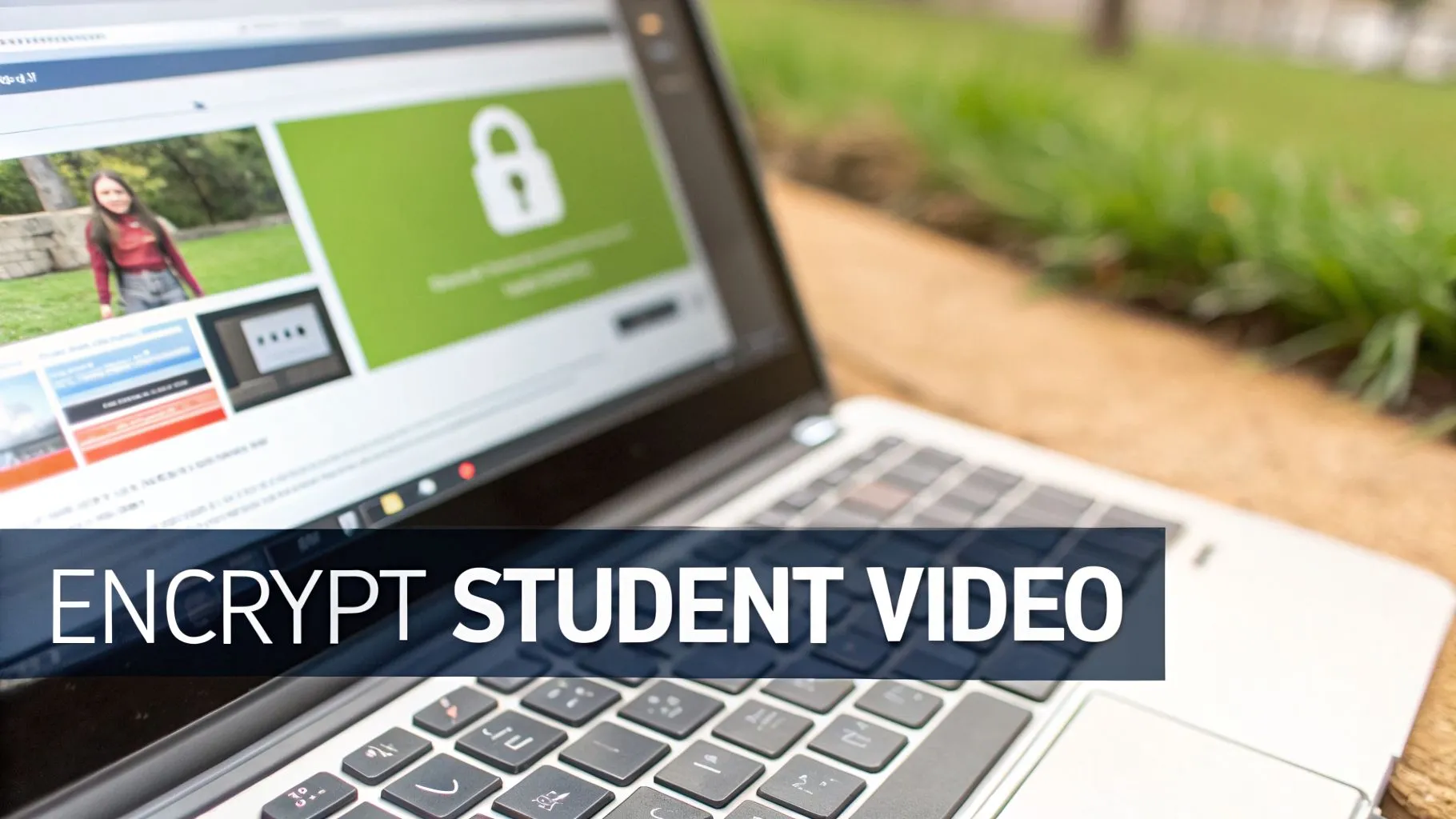 A laptop screen displays a website with a padlock icon and 'ENCRYPT STUDENT VIDEO' text overlay.