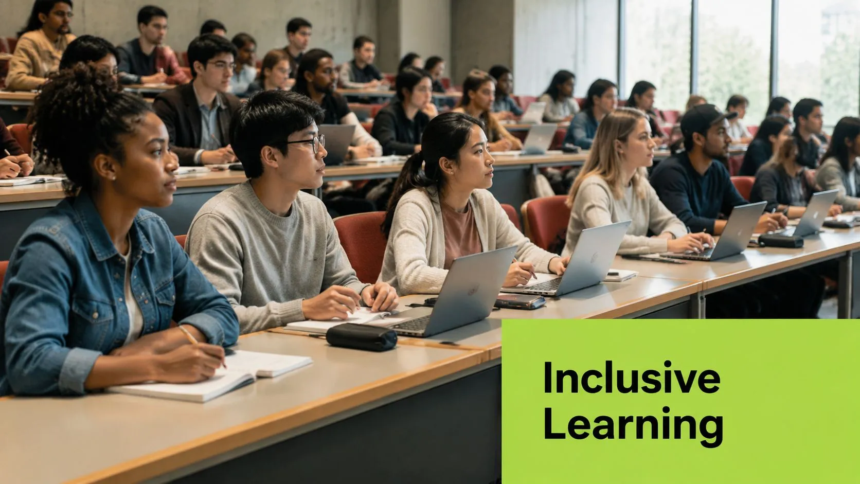 A diverse group of university students focused on learning in a modern, lecture hall classroom setting.