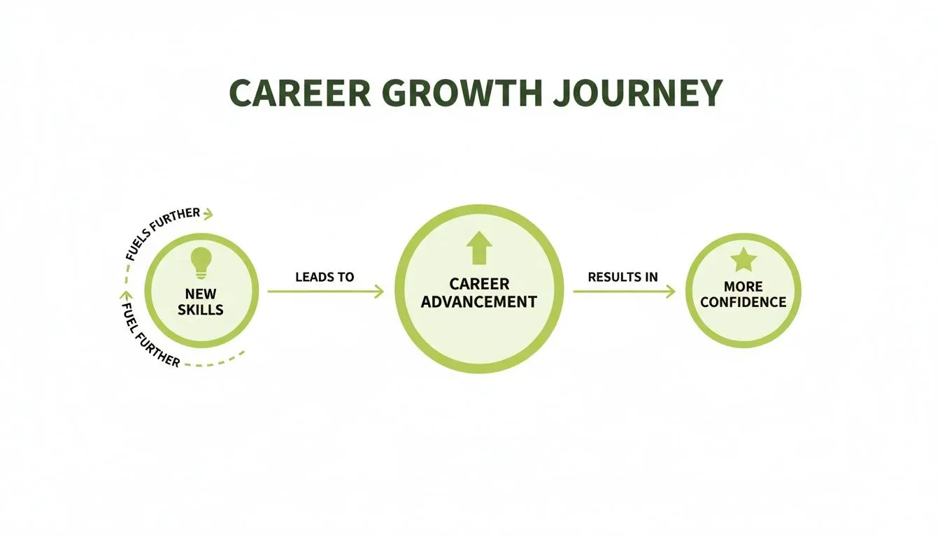 A diagram illustrates the career growth journey: new skills lead to career advancement, resulting in more confidence.
