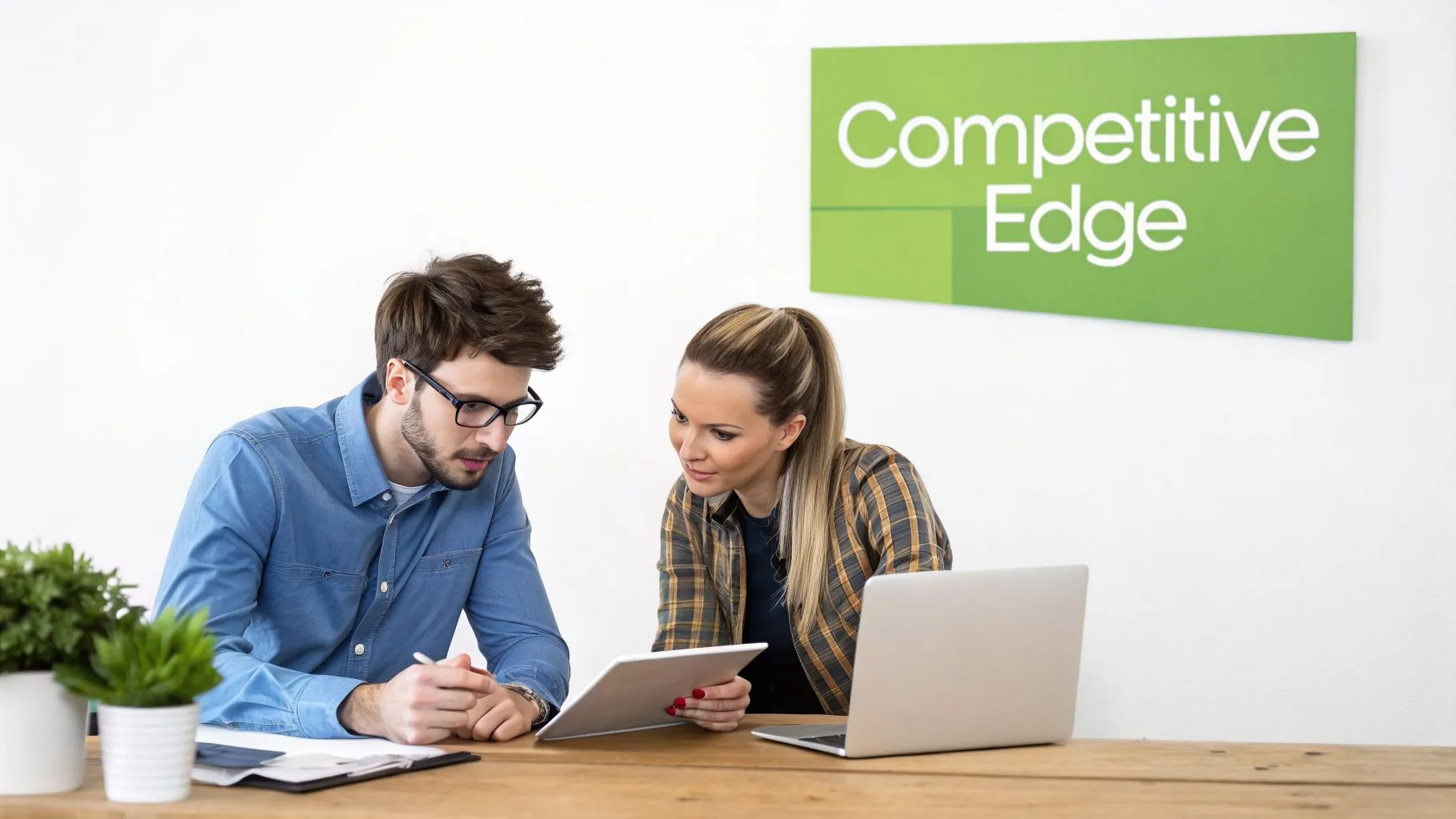 Two professionals discuss a project on a tablet at a desk, with a 'Competitive Edge' sign.