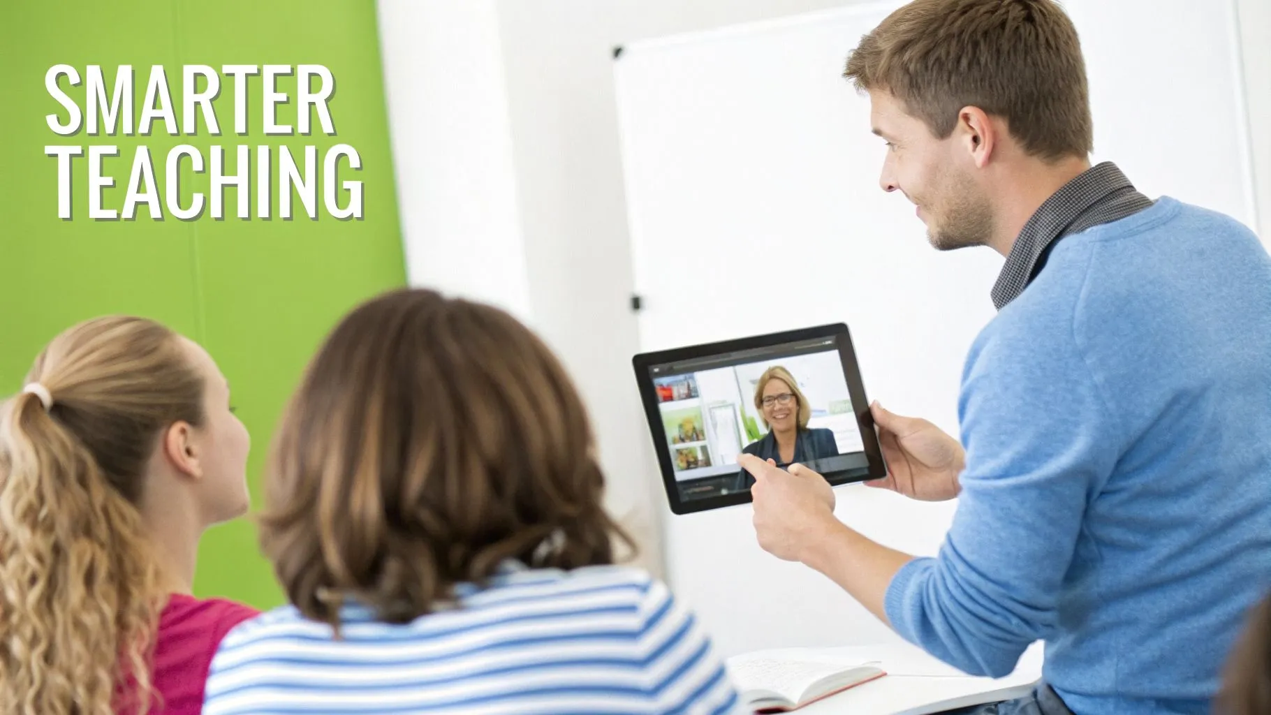 A male teacher shows a virtual instructor on a tablet to two female students in a classroom.
