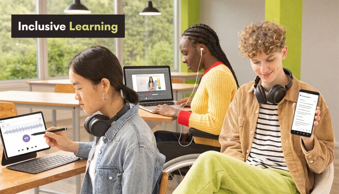 Three students using various digital devices like tablets, laptops, and smartphones for inclusive learning in a classroom.