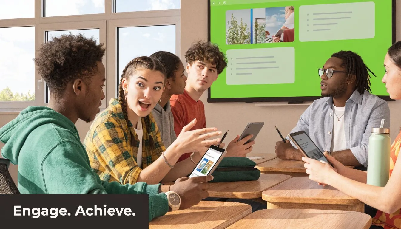A diverse group of students collaborating in a modern classroom using tablets and digital displays.
