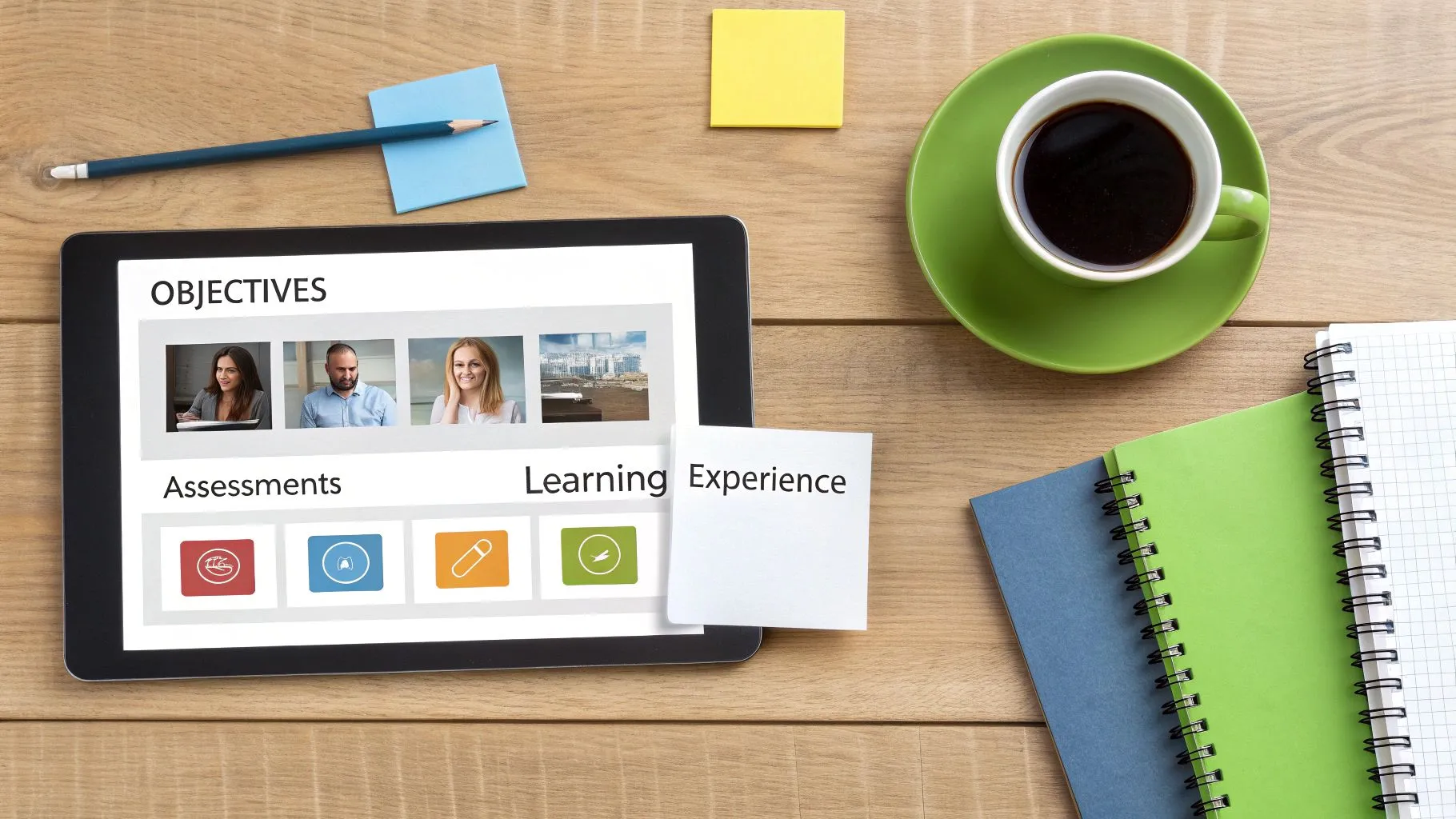 Overhead view of a tablet displaying learning objectives and assessments, surrounded by office supplies.