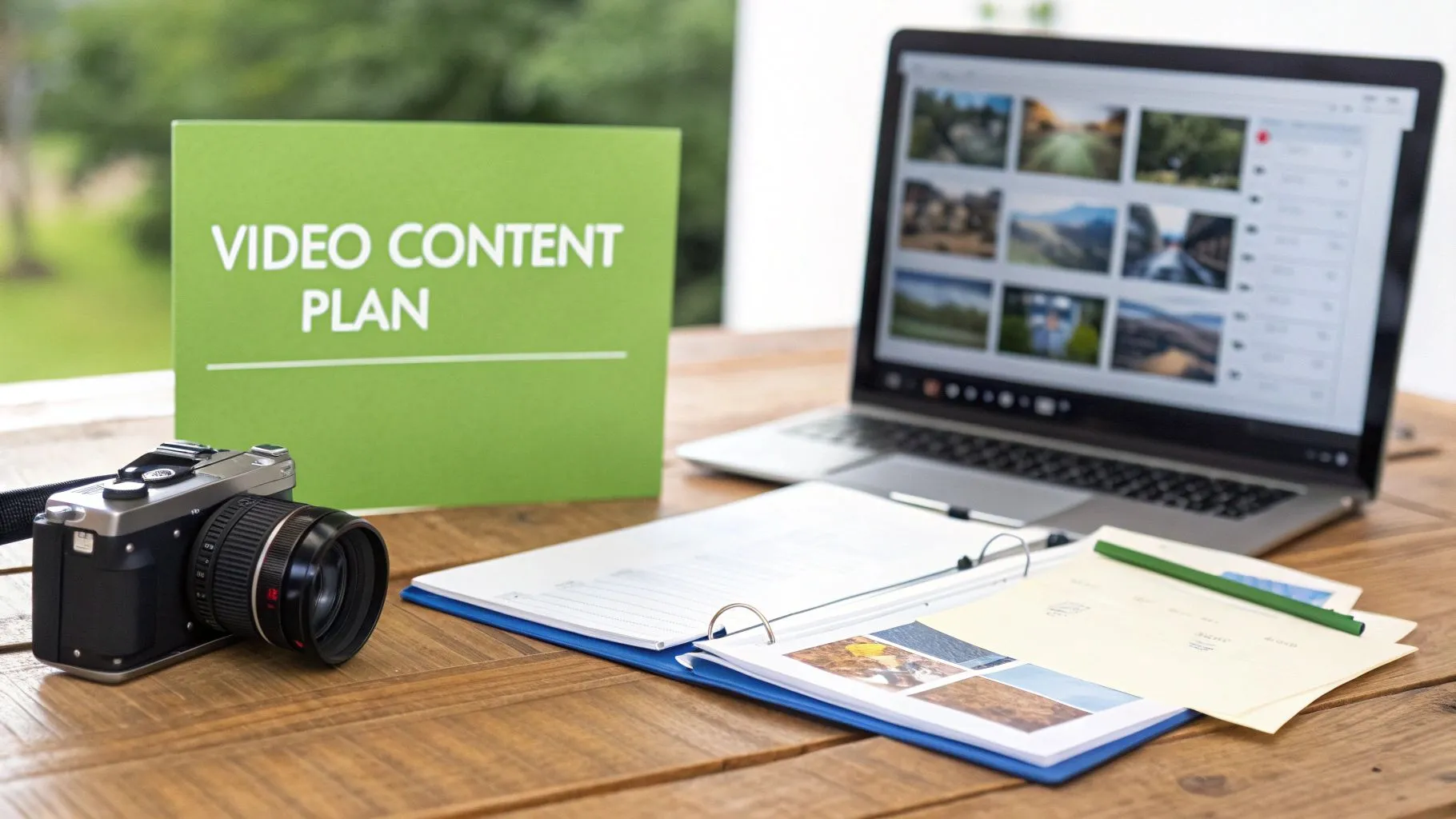 A camera, laptop displaying images, 'Video Content Plan' sign, and documents on a wooden desk.