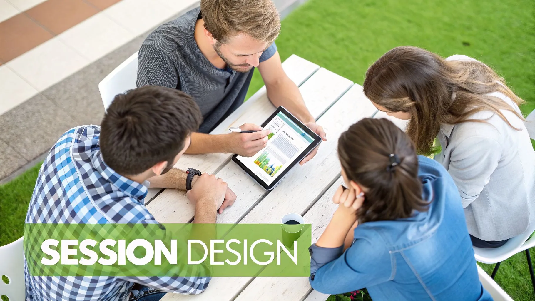 Four young adults sit around an outdoor table, one using a stylus on a tablet, engaged in discussion.