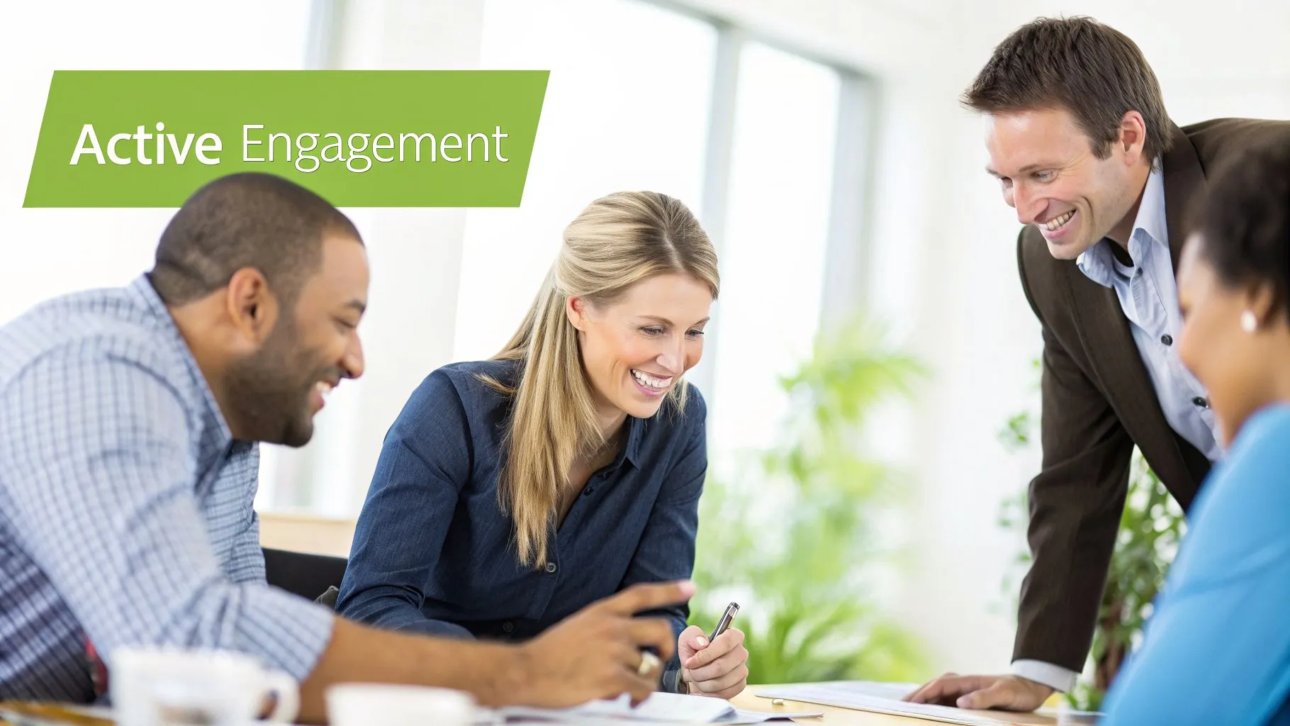 Four diverse professionals actively collaborating and smiling during a productive business meeting.