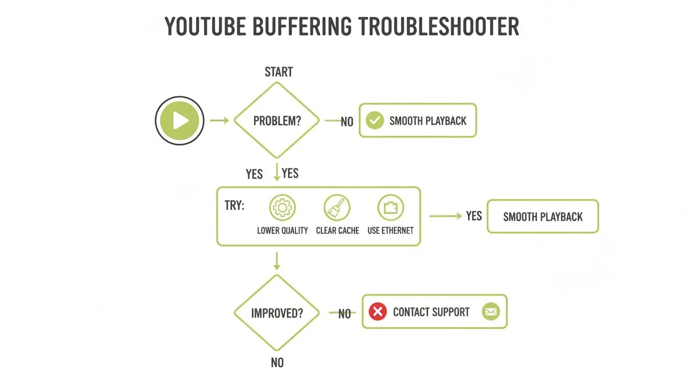 A flowchart for YouTube buffering troubleshooting, guiding users through problem identification and solutions like lower quality, clear cache, or using ethernet.