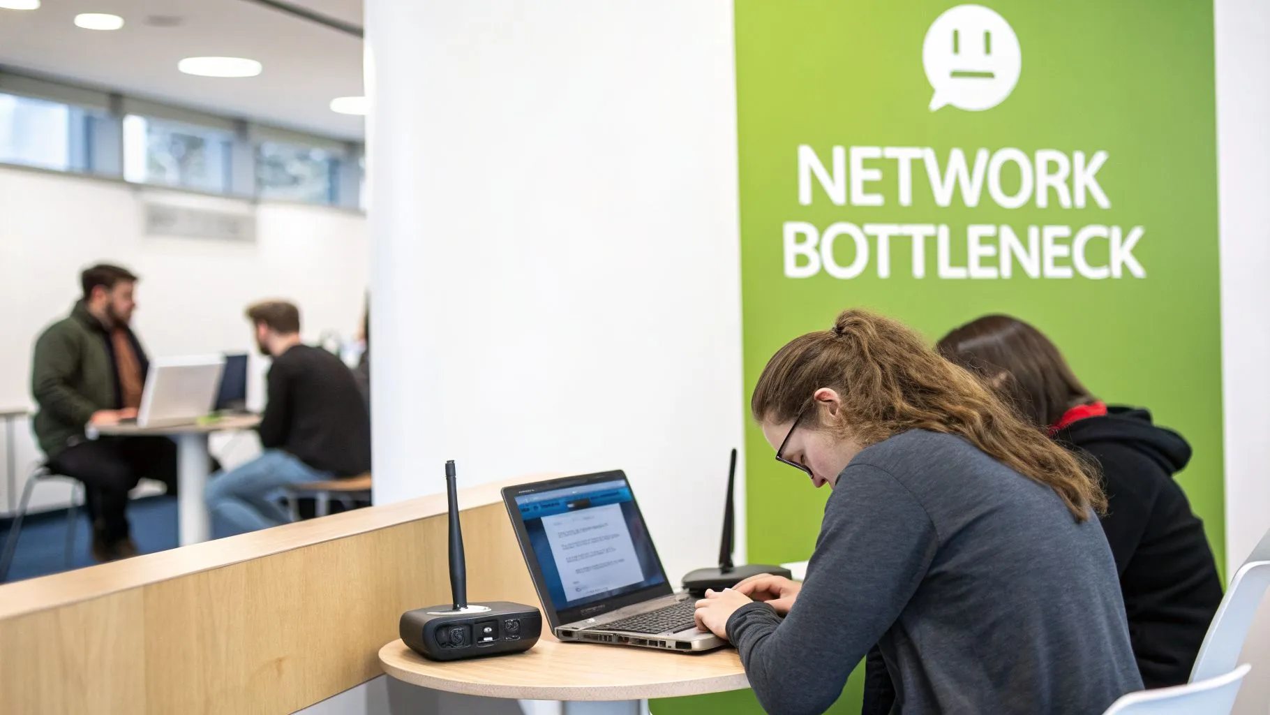 Students working on laptops in a modern room with a 'Network Bottleneck' sign on a green wall.