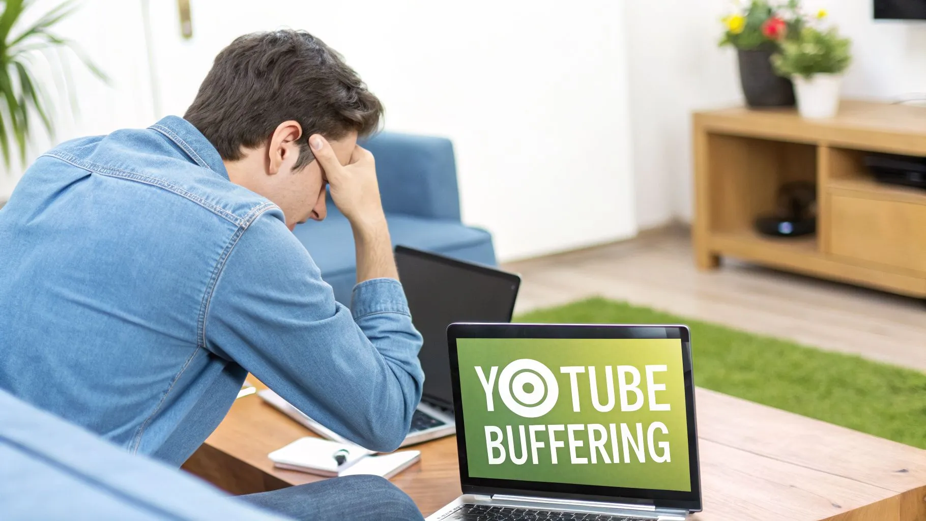 A man looking frustrated, holding his head, while a laptop screen displays "YOUTUBE BUFFERING" in his living room.