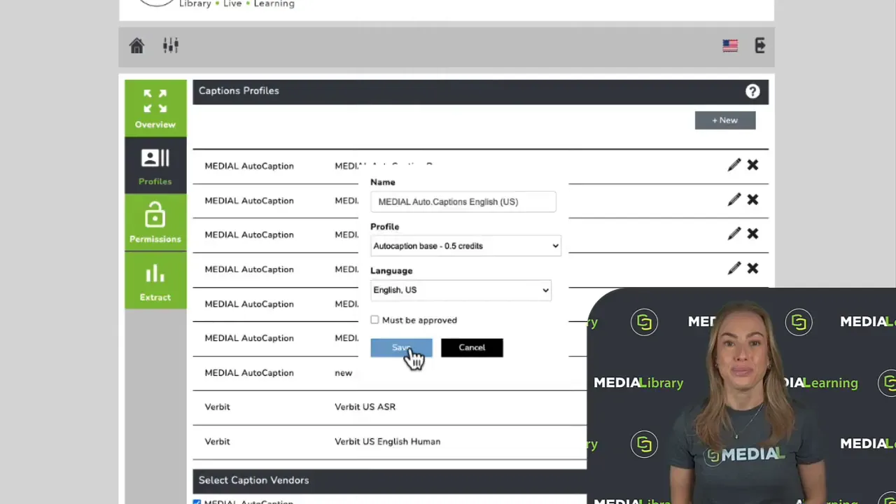 Caption profile form showing name and language settings in MEDIAL