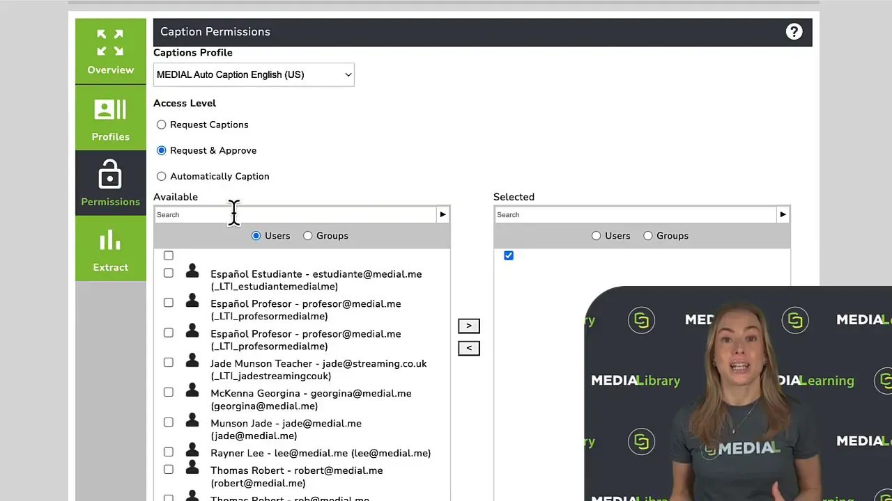 Caption permissions screen with access levels and user selection panels