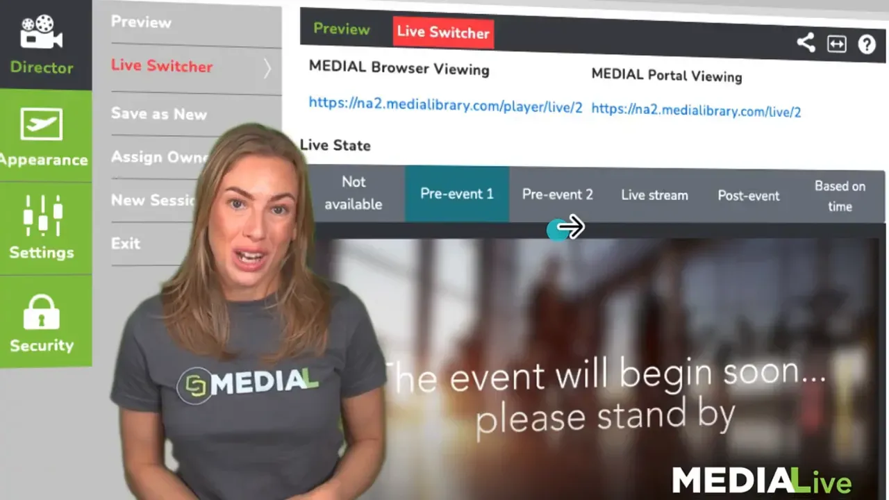 MEDIALive player interface in pre-event state with presenter at left