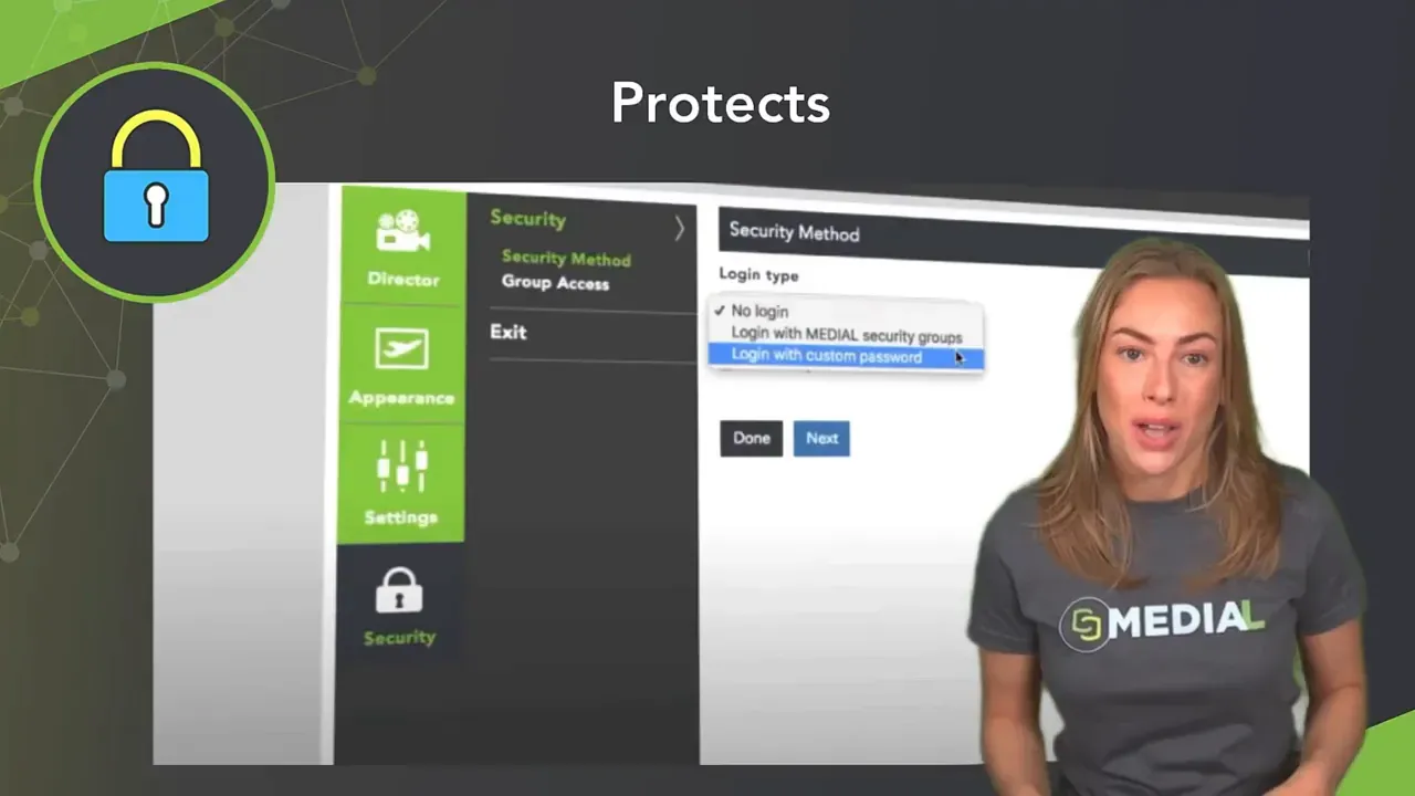 MEDIAL Protects slide showing security settings panel with login options and a lock icon, presenter at right