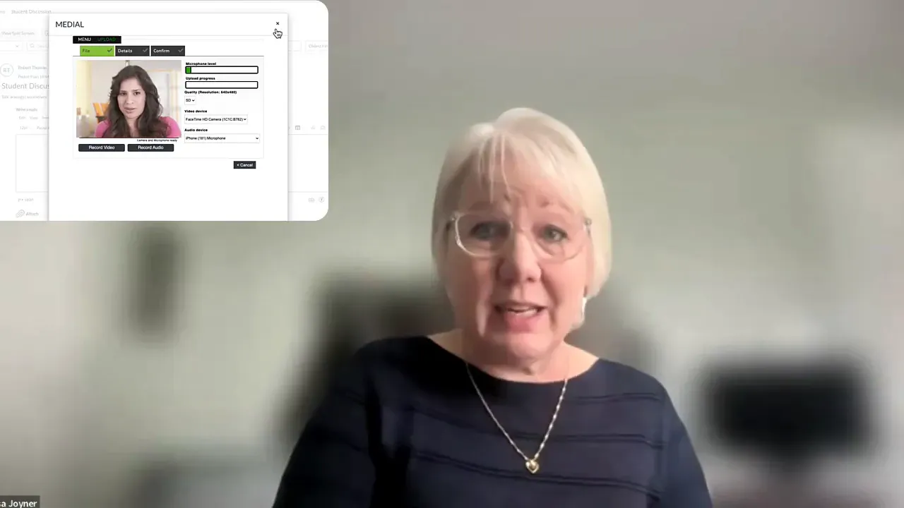 Clear screenshot of MEDIAL recording/upload dialog (record video and record audio buttons) over a speaker in a video call.