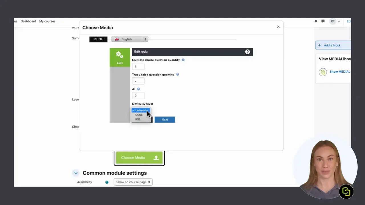 MEDIAL quiz setup screen with multiple choice and true/false quantities and difficulty dropdown selected, cursor on difficulty.