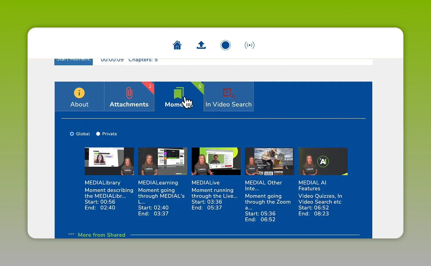 MEDIAL moments overview showing multiple video segments and start/end times