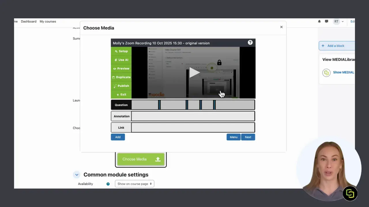 MEDIAL media editor with video preview, timeline markers and left menu (Setup, Use AI, Preview) visible
