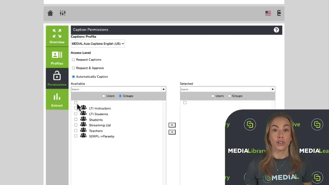 MEDIAL caption permissions interface with 'Automatically Caption' selected and the Available column switched to Groups showing entries like 'LTI Instructors' and 'Students'; presenter overlay in lower-right corner.