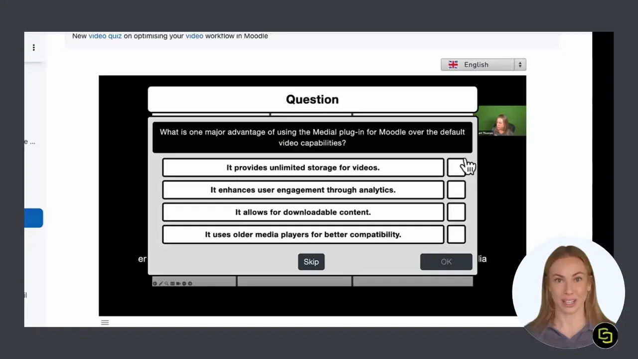 Video quiz multiple-choice question overlay on a video player showing four answer options and Skip/OK buttons