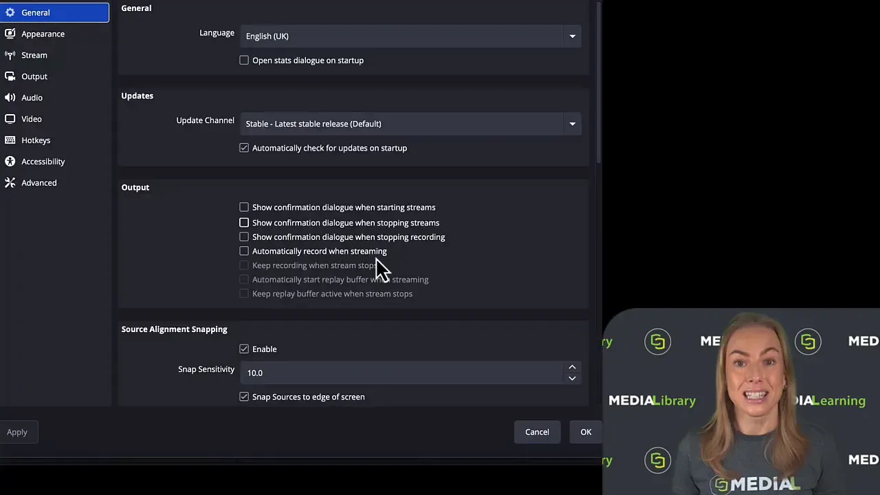 OBS settings output panel showing stream and recording options