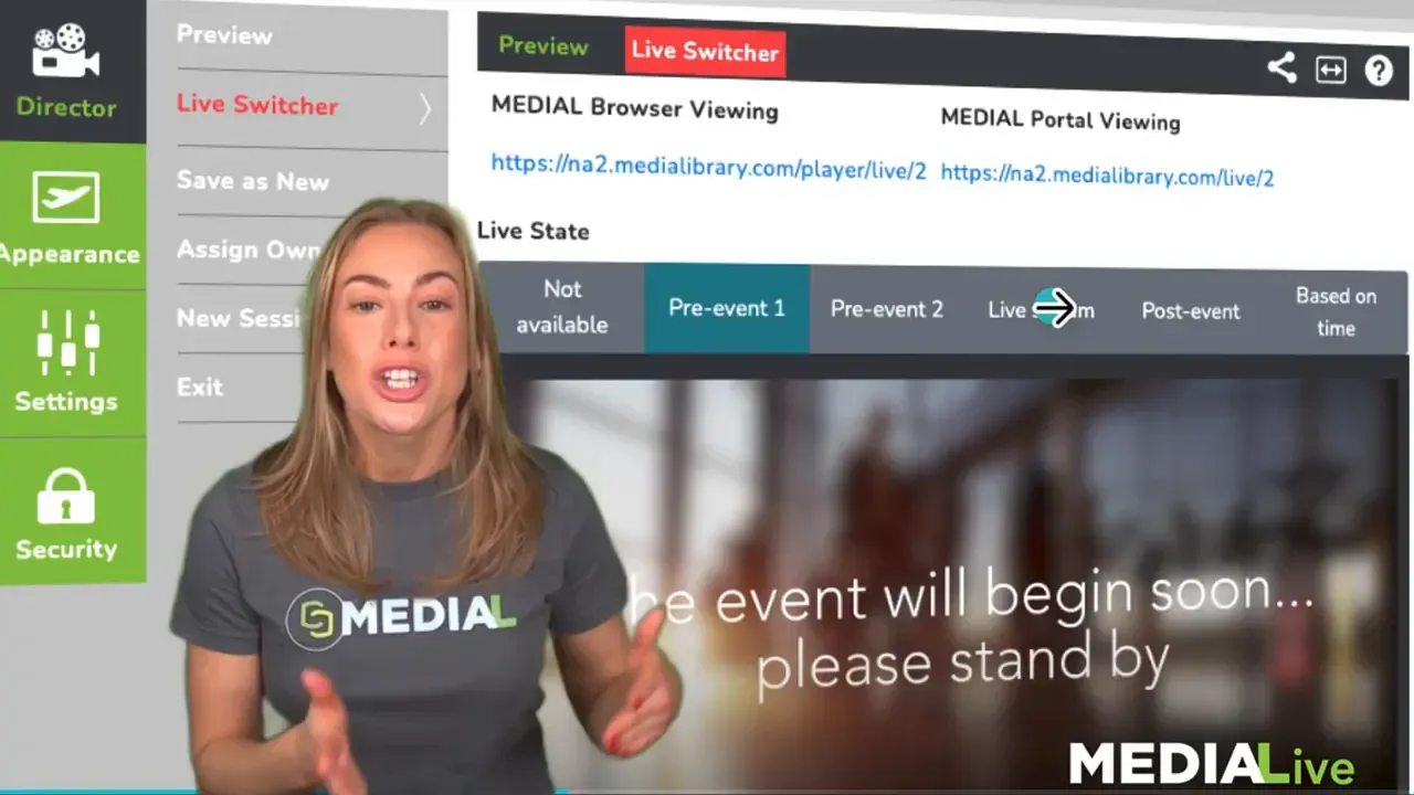 MEDIAL playback page showing the Live Switcher bar with a 'Live stream' indicator and presenter overlay demonstrating the switch.