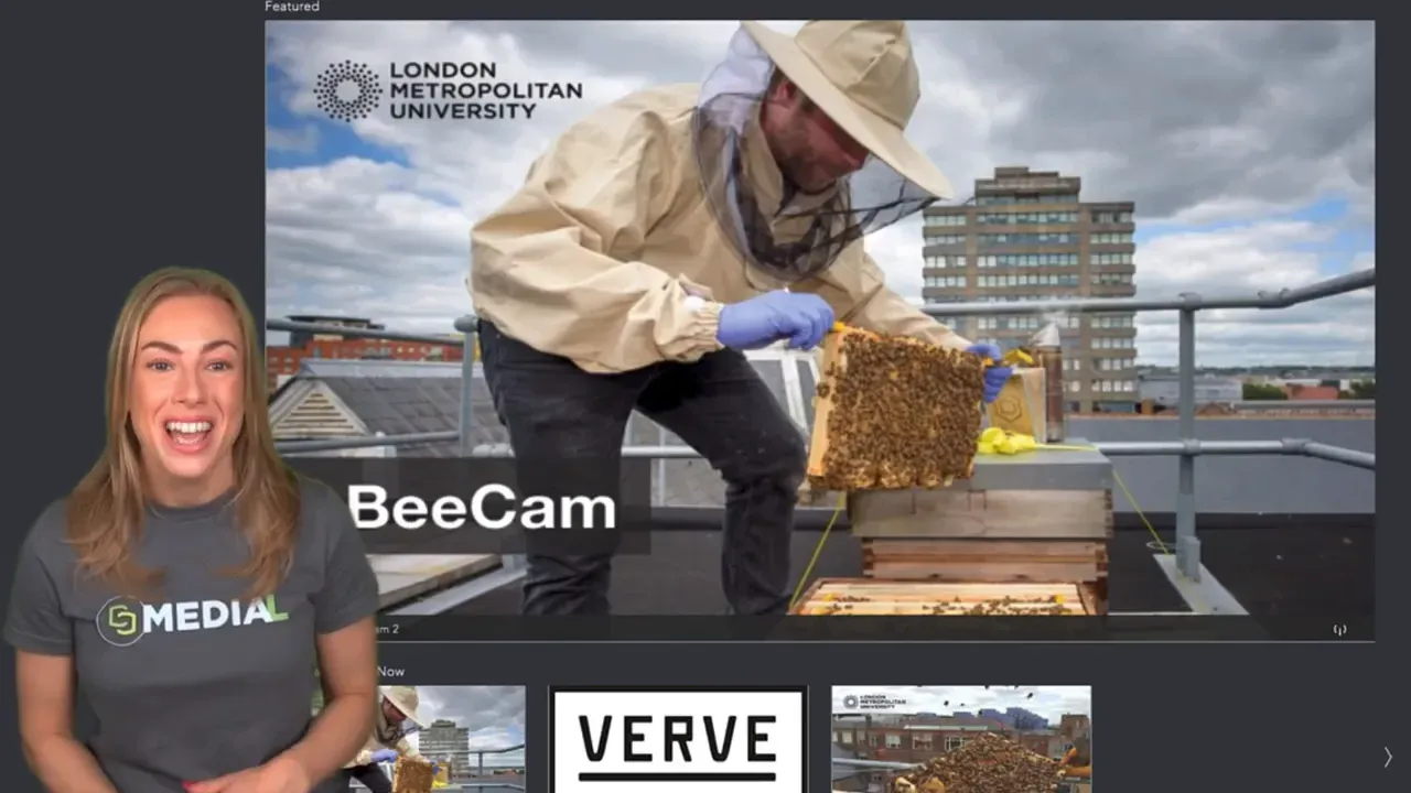 MEDIAL BeeCam rooftop beehive player with presenter overlay at left and the beekeeper holding a frame in the center.