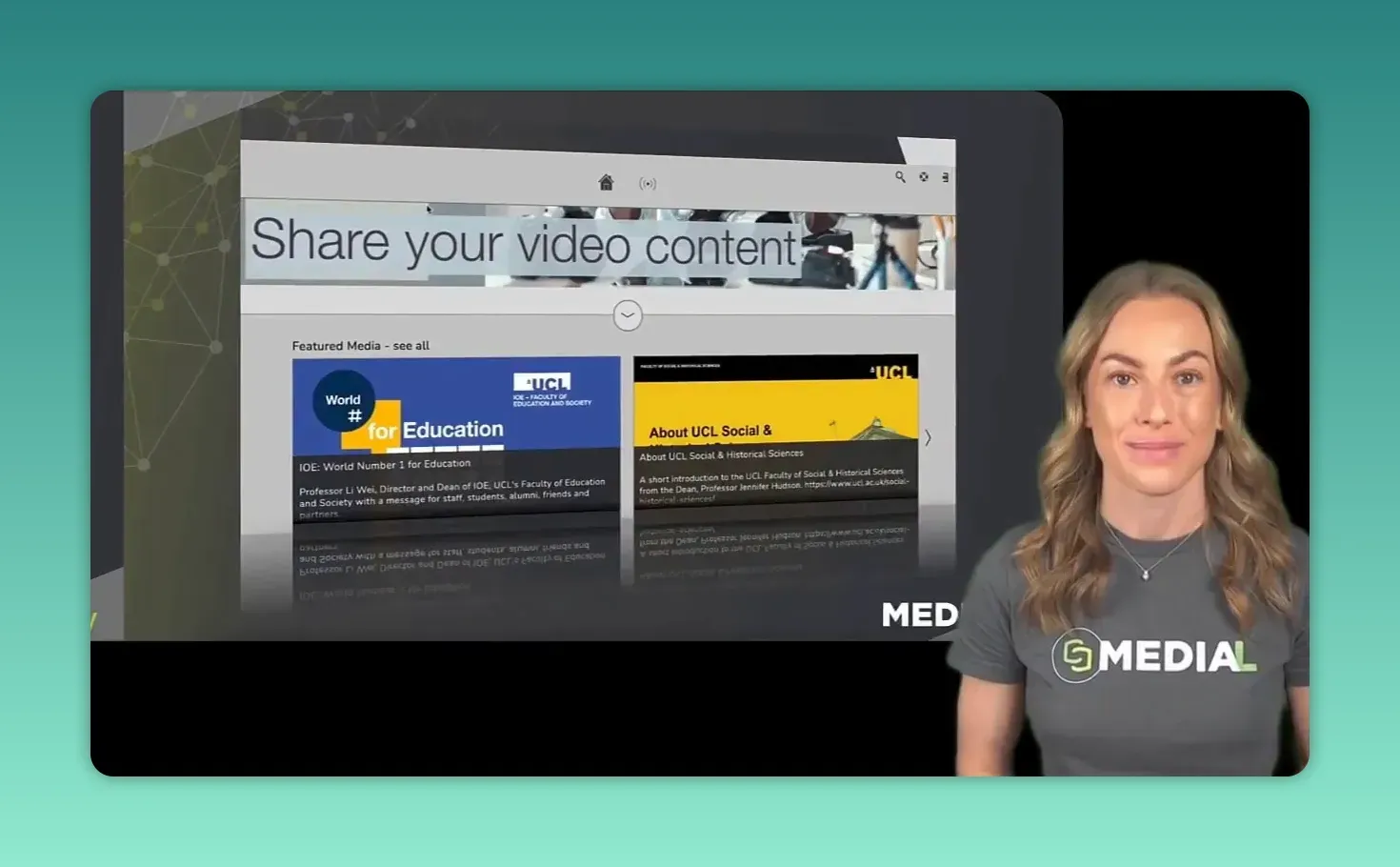 Portal web de videoteca con encabezado share your video content y varias tarjetas de contenido
