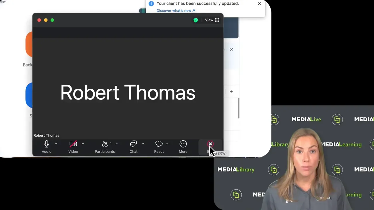 Zoom meeting window showing a participant placeholder and meeting controls
