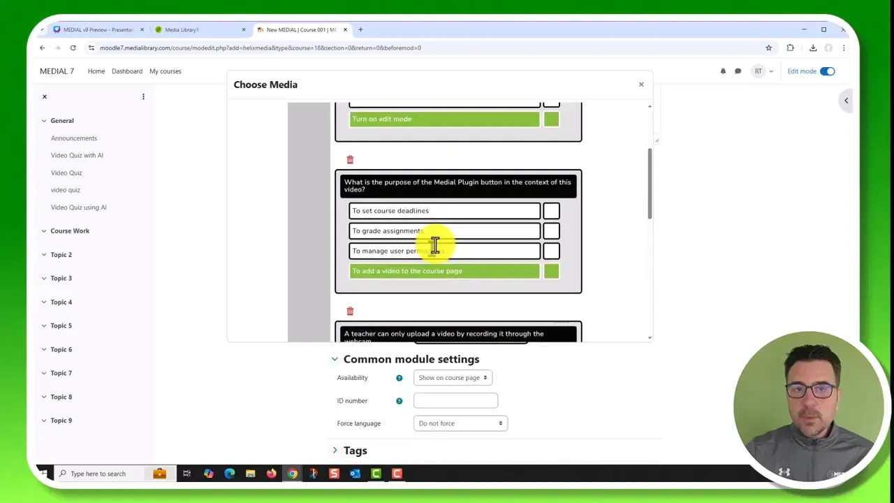 Clear MEDIAL screenshot showing an AI-generated multiple-choice question and answer fields inside a 'Choose Media' dialog, with presenter inset at bottom-right.