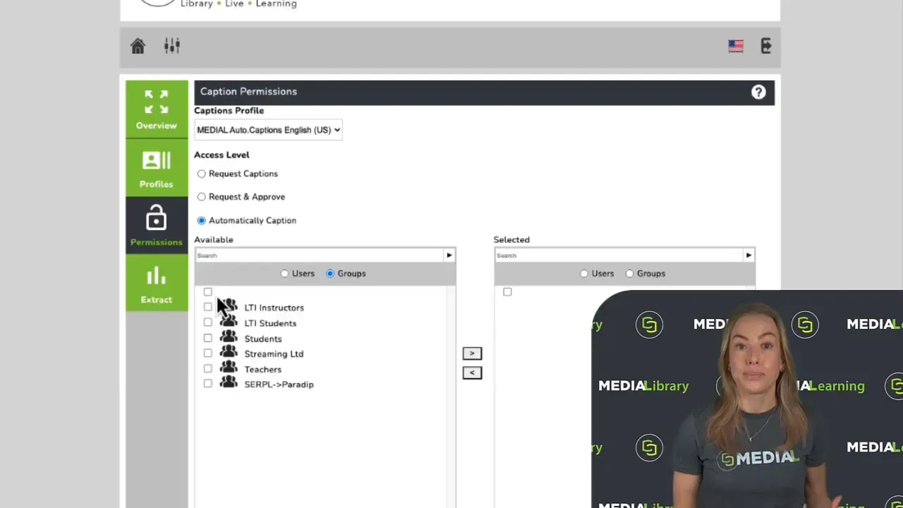 MEDIAL caption permissions screen with available and selected group lists, presenter inset at bottom right