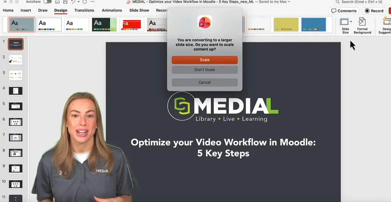 PowerPoint 'scale content' confirmation dialog over the presentation slide with presenter at left