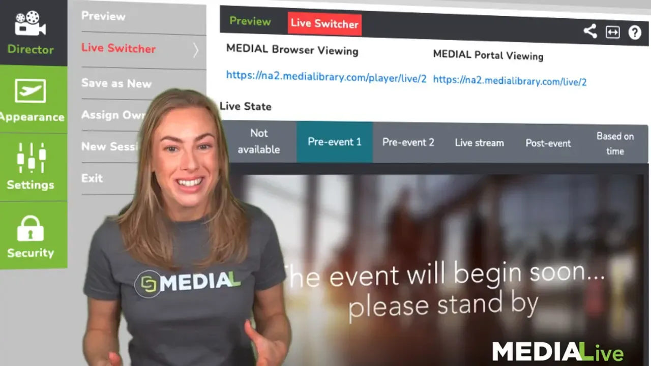 MEDIAL pre-roll playback page showing 'Pre-event 1' selected and a presenter in front of a 'the event will begin soon' background.