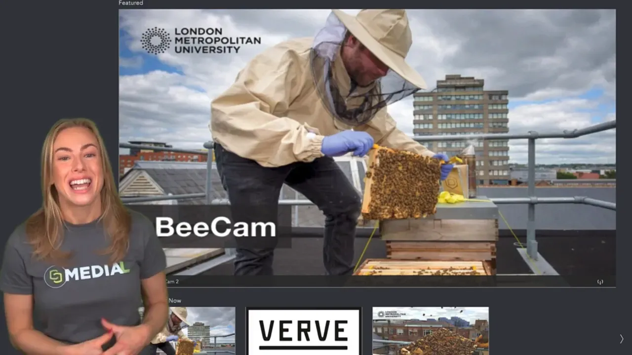 MEDIAL presenter left and clear BeeCam rooftop beehive playback in the centre