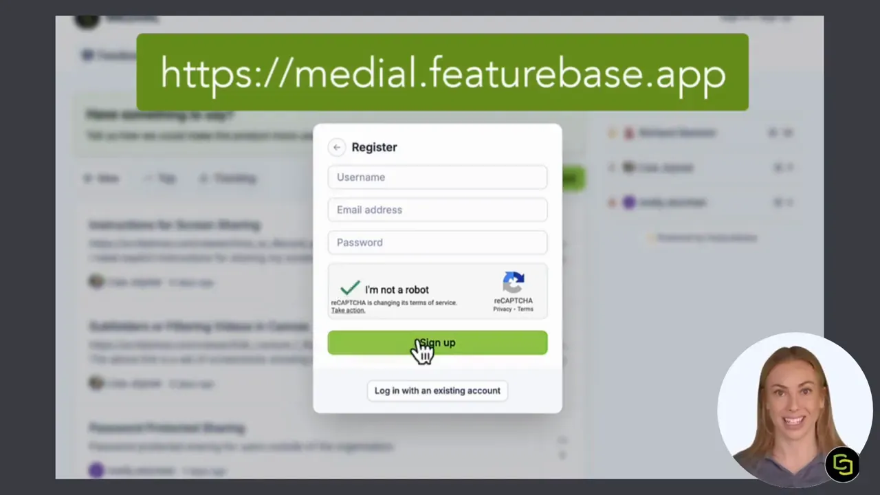 MEDIAL sign-up dialog showing checked reCAPTCHA and hand cursor clicking the Sign up button
